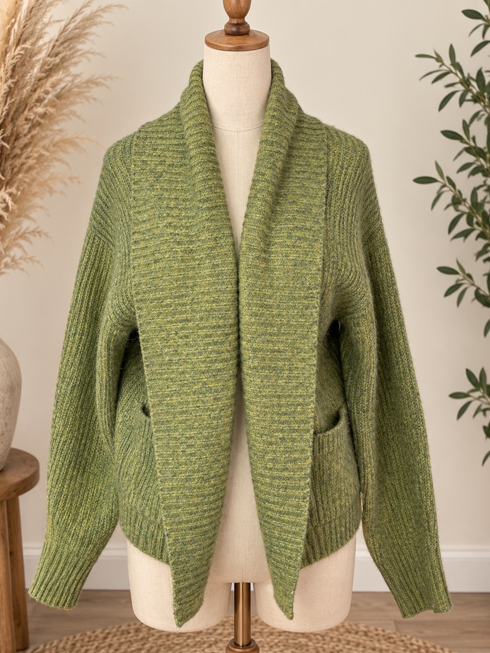 Flat White Olive Green Wool Blend Shawl Collar Open Front Cardigan Sweater